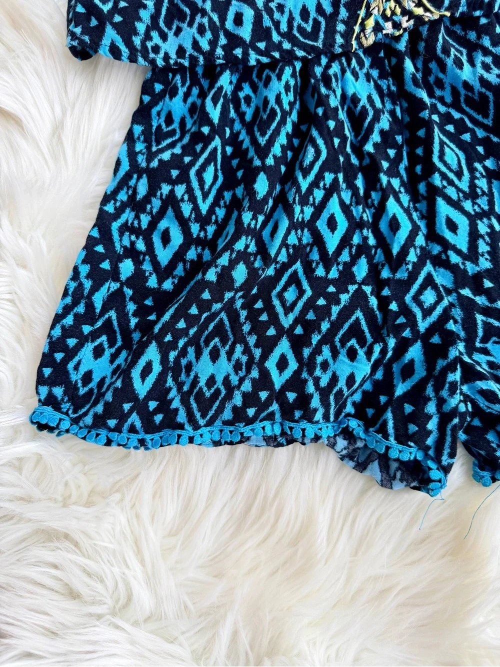 Justice Blue Geometric Off-Shoulder Romper with Embroidered Front Size 10 (L)
